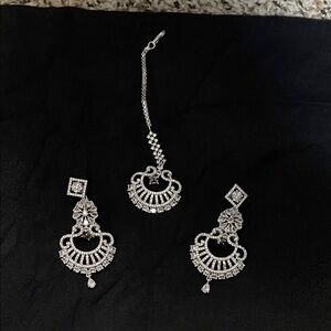 Desi Silver 3-Piece Jewelry Set – Earrings & Maang Tikka | Wedding / Bridal